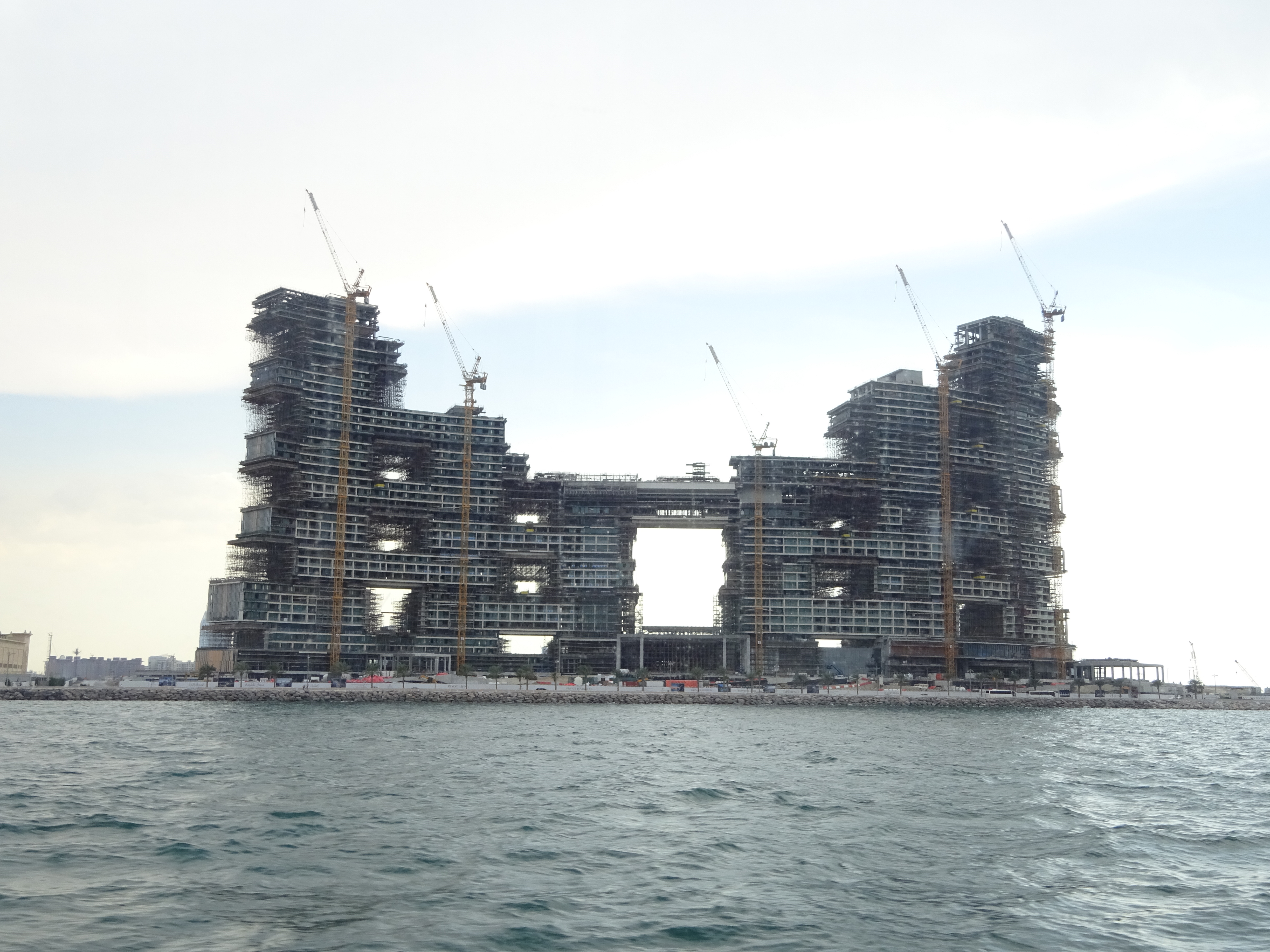 Royal Atlantis Resort hotel under construction from the sea at Palm Jumeirah.