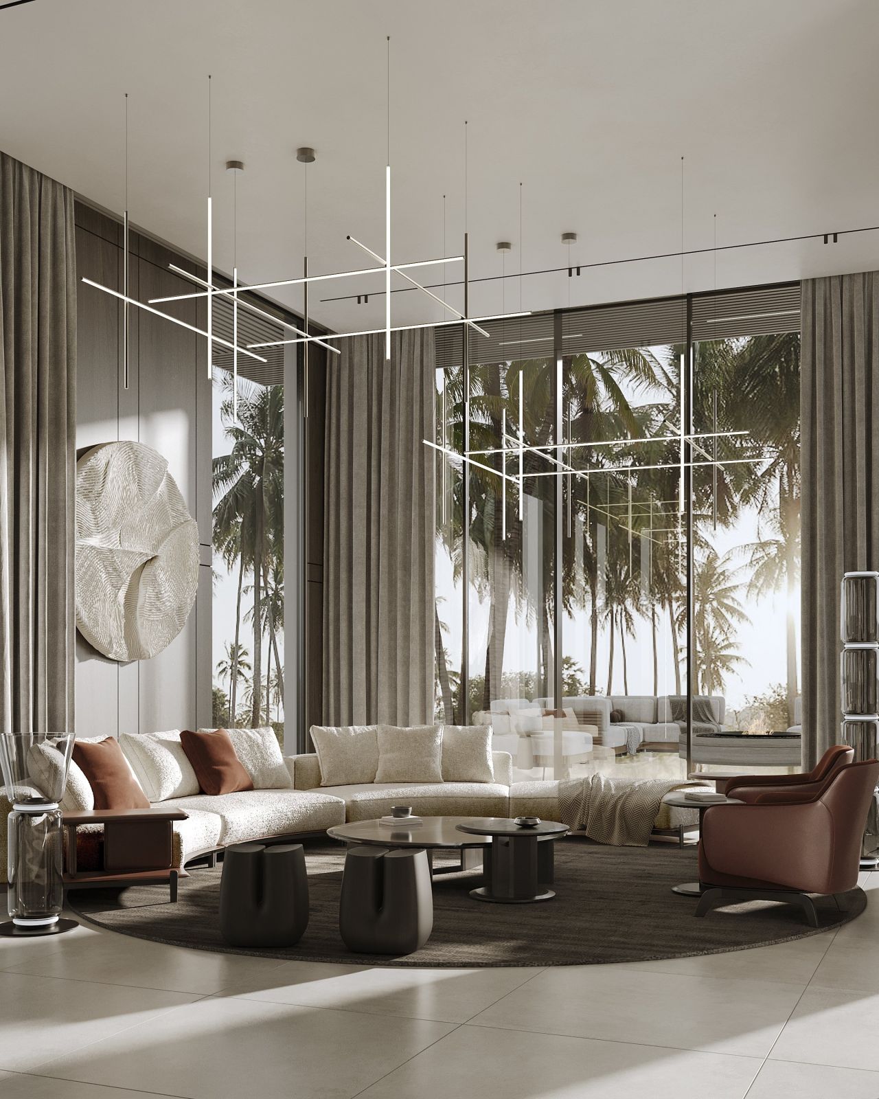 Modern living room of the Hillsboro Beach Villa in Miami designed by Solomia Home