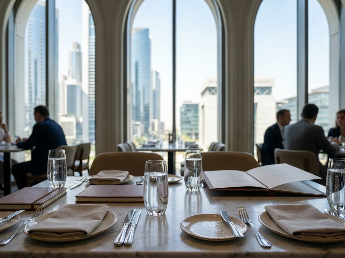 Business lunch table in DIFC with menus and sparkling water before guests arrive