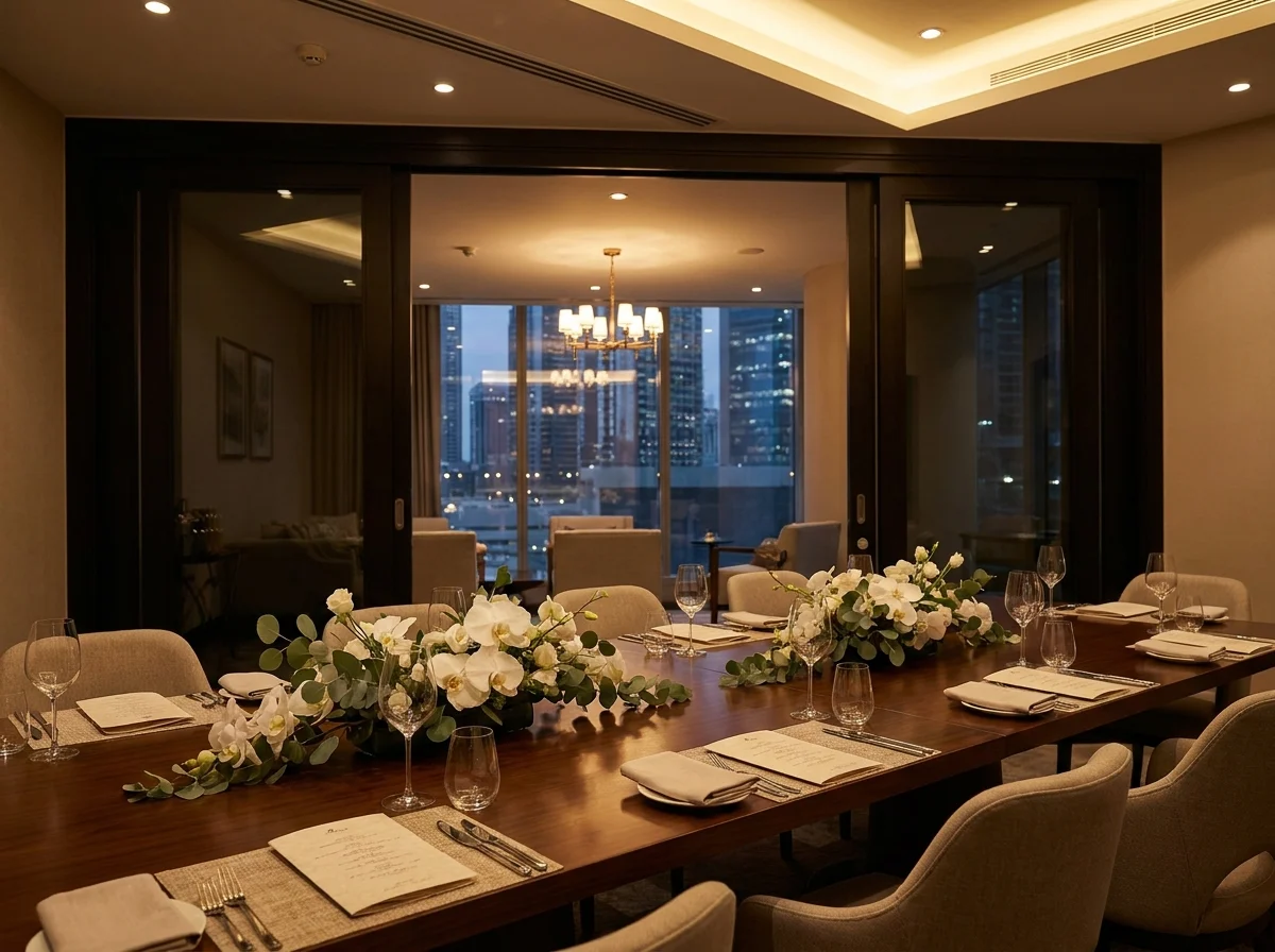 Private dining room setup in DIFC for a small corporate dinner