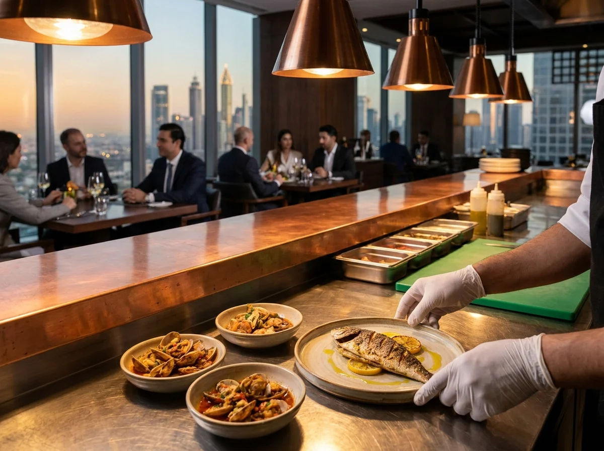 Seafood and Mediterranean dishes prepared for a DIFC dinner shortlist