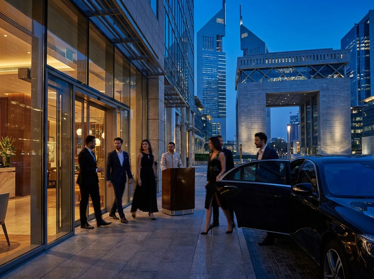 DIFC valet and restaurant arrival scene at blue hour