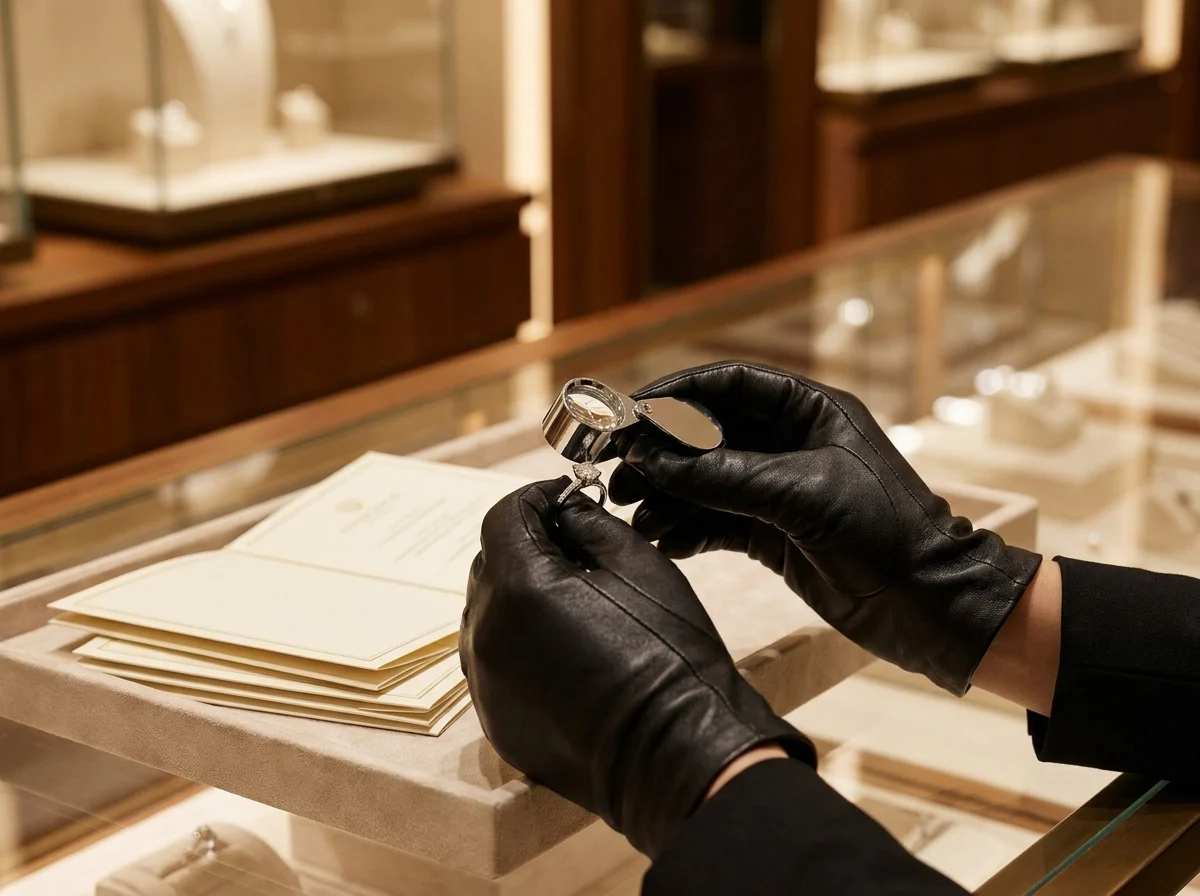 Diamond certificate review with loupe and ring tray during a Dubai jewellery consultation