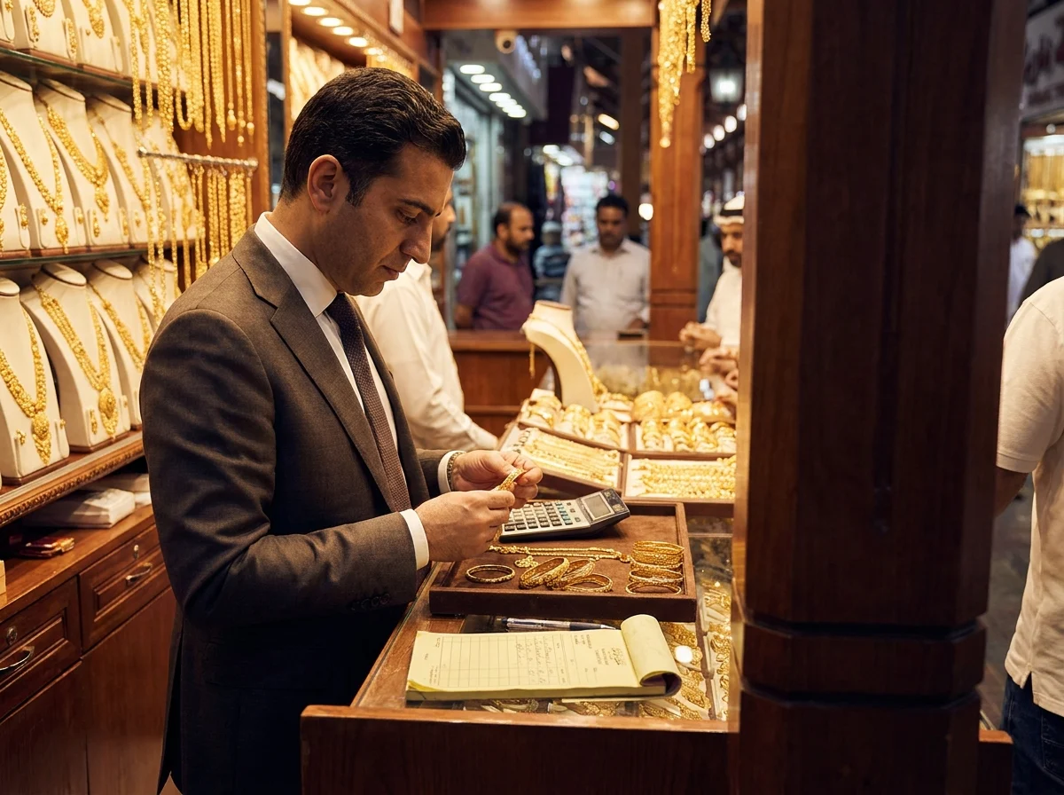 Dubai Gold Souk style buying scene with gold bangles and daily rate comparison