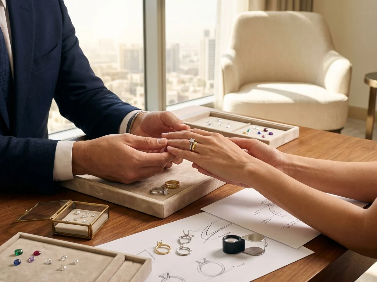 Bespoke engagement ring design consultation in a Dubai jewellery studio