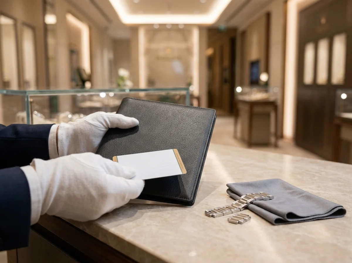Watch warranty card and invoice review during a Dubai authorized retailer appointment