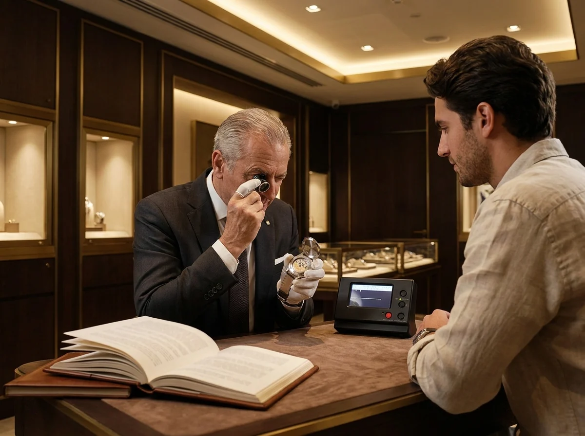 Certified pre-owned watch inspection with loupe and service record in Dubai