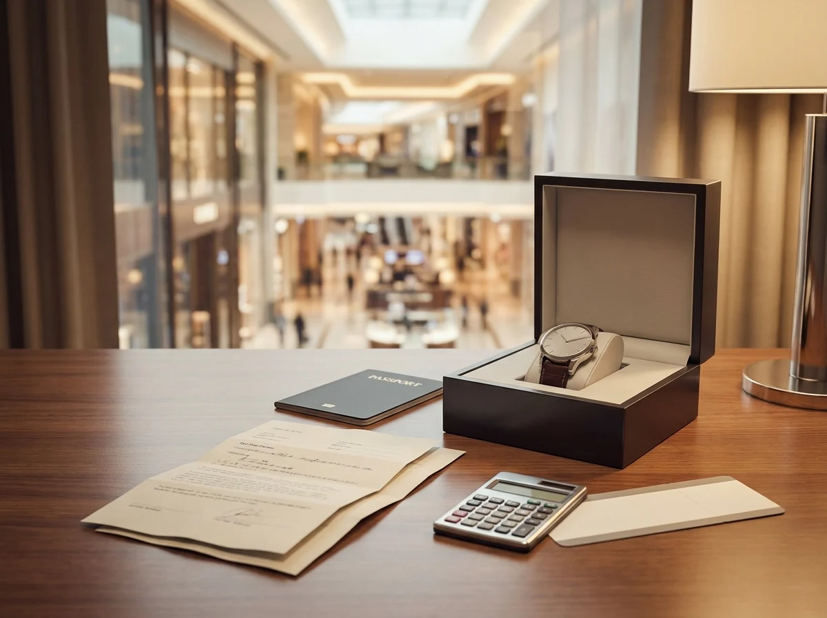 Tourist VAT refund paperwork beside a boxed luxury watch in Dubai