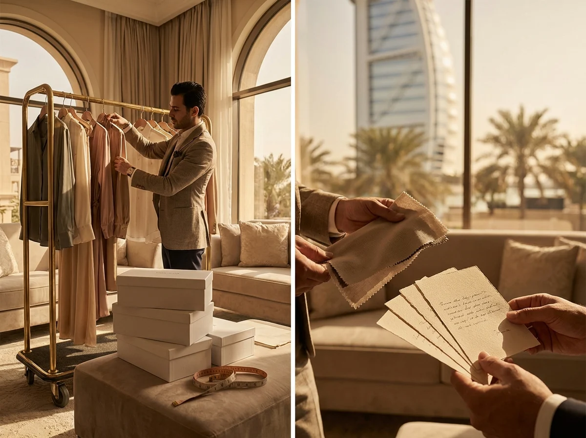 Dubai stylist preparing a private wardrobe selection before a client appointment
