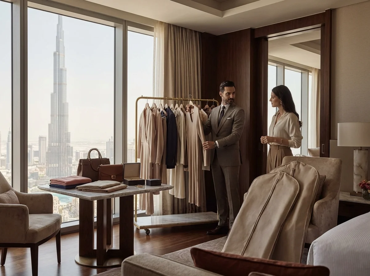Hotel suite shopping setup in Dubai with curated accessories and garment bags