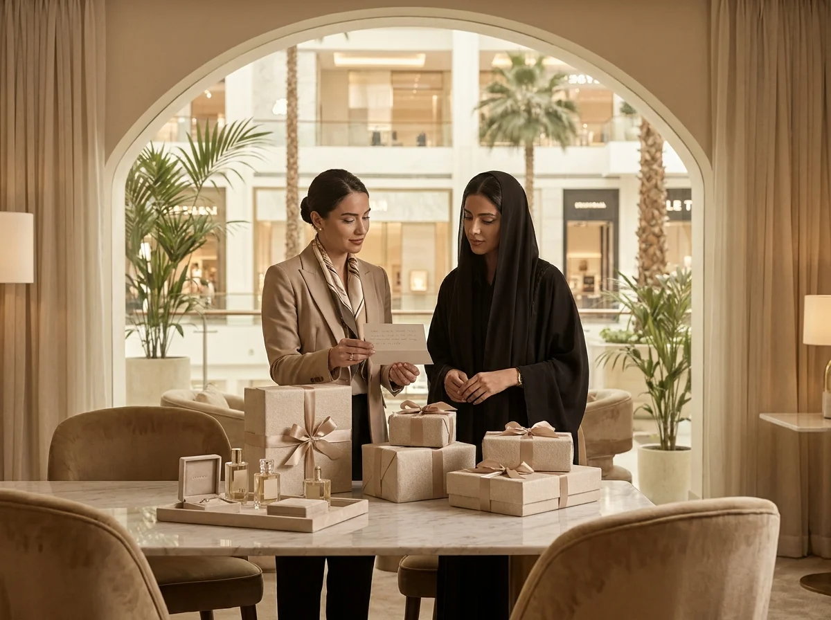 Luxury gift sourcing consultation in Dubai with wrapped boxes and jewellery tray