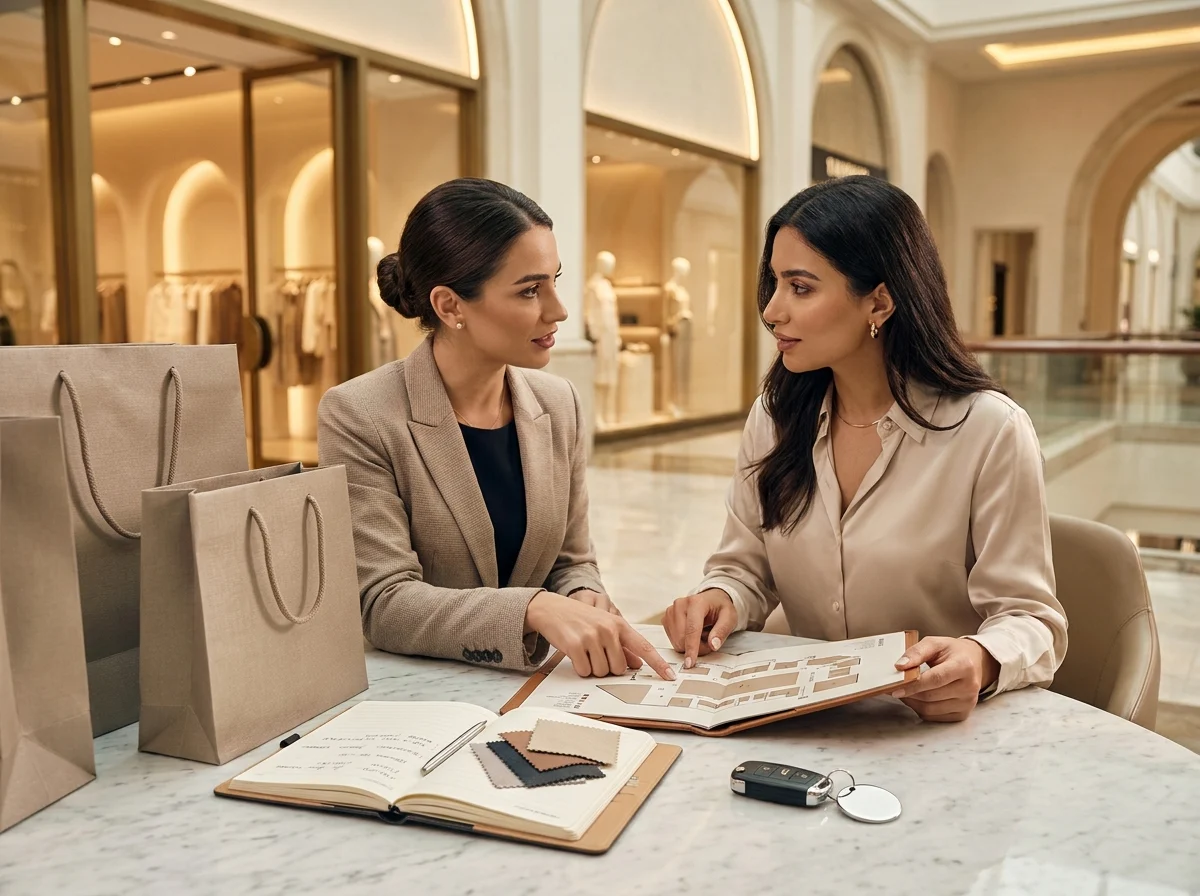 Dubai mall concierge route planning with shopping bags, appointment notes, and chauffeur timing