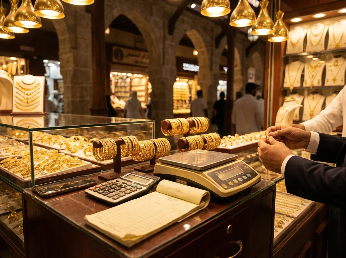 Dubai Gold Souk counter with 22K bangles and daily rate calculation