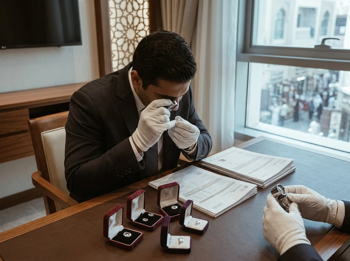 Diamond report verification with loupe and loose stones in Dubai
