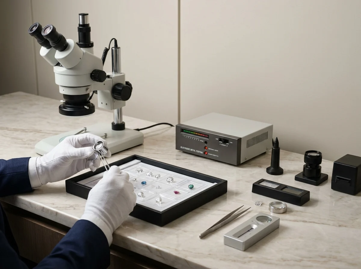 Independent jewellery testing desk with gemstone tools and sealed sample tray