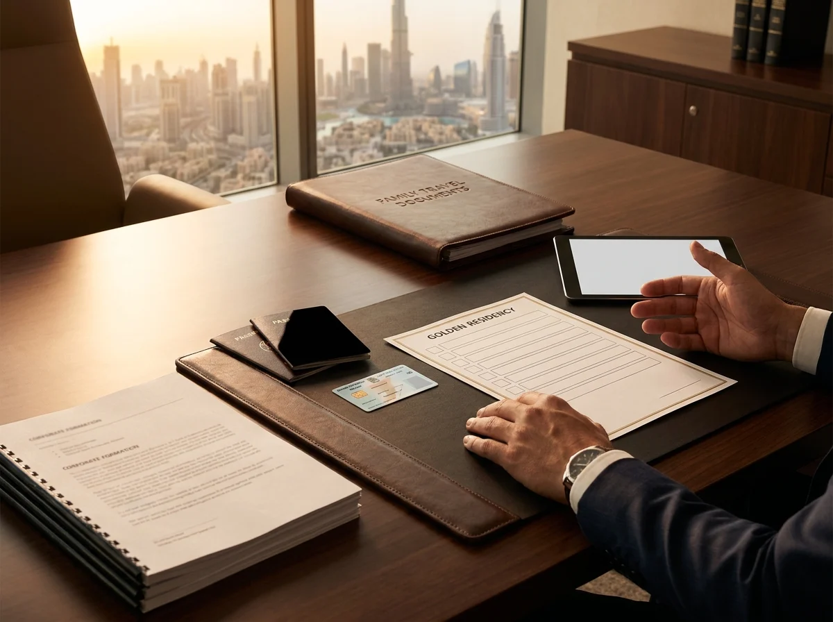 Dubai founder visa and Golden Residency documents reviewed beside corporate formation papers