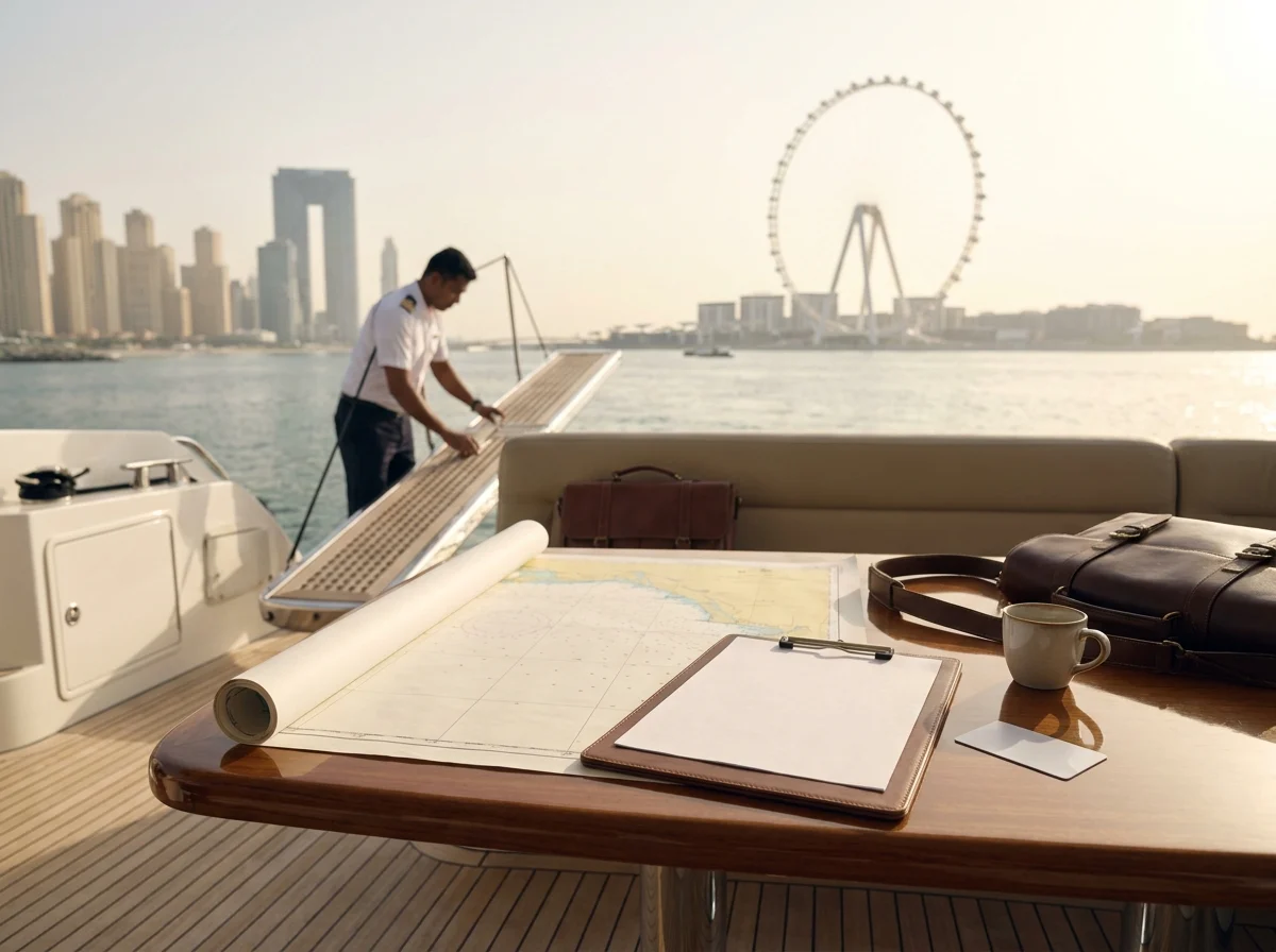 Dubai Harbour charter guest boarding plan with yacht route documents