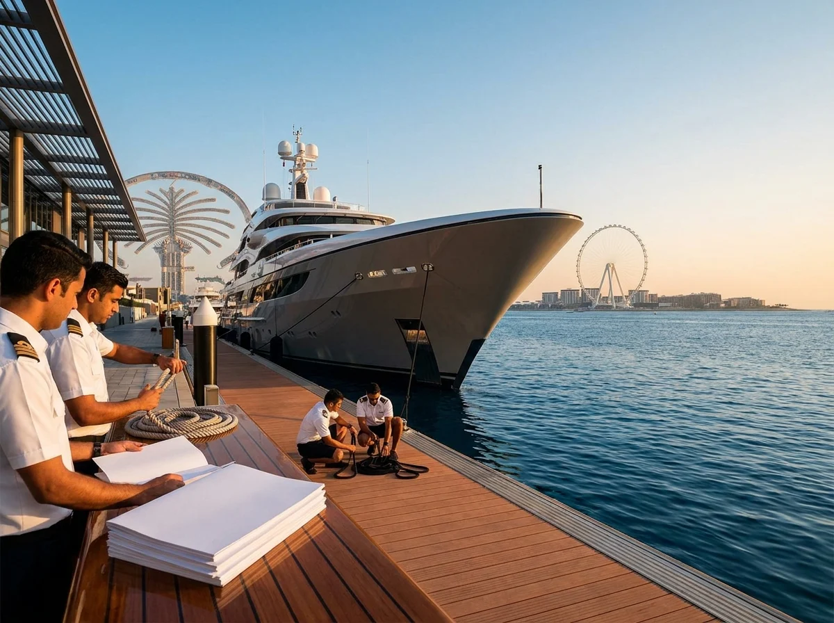 Dubai Harbour superyacht berth with crew and operational documents