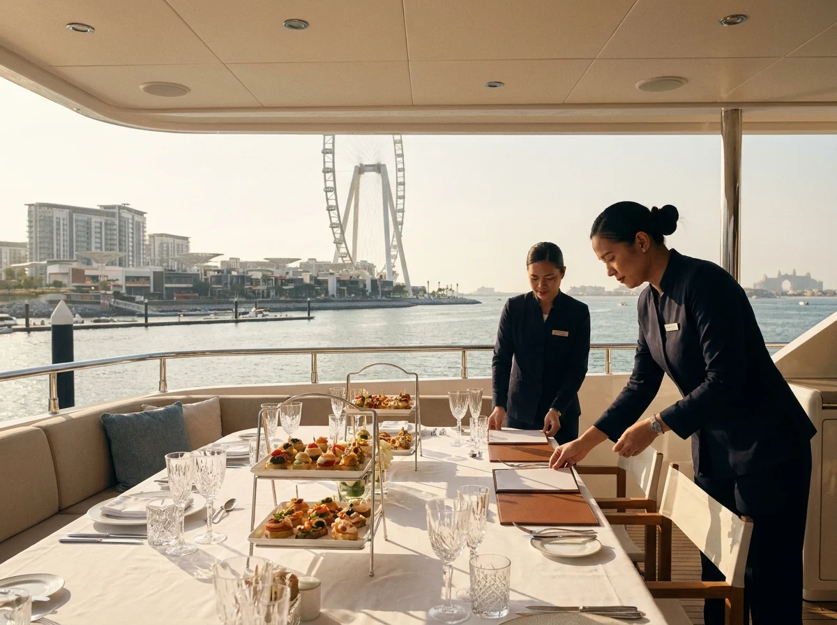Corporate yacht event setup at Dubai Harbour with catering and guest flow planning